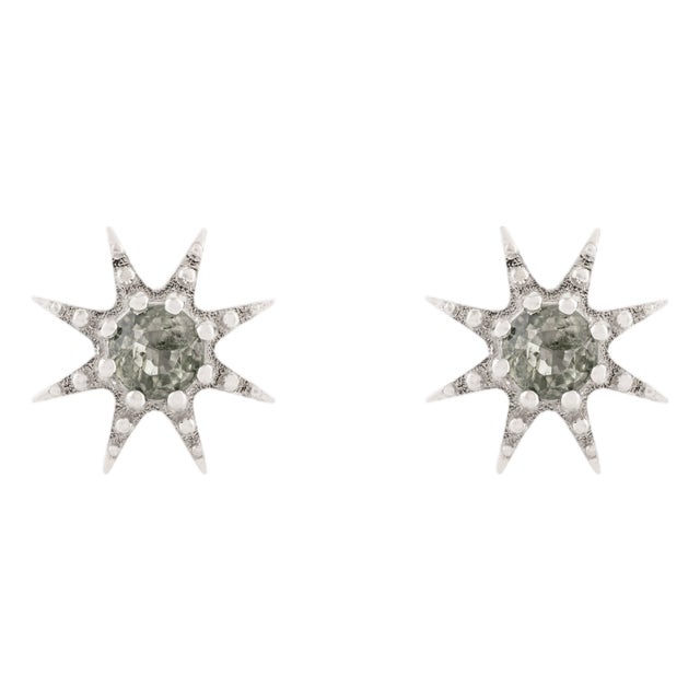 A Pair of Celestial Solid Silver Green Sapphire Starburst Earrings- Gift for Girlfreind For Sale