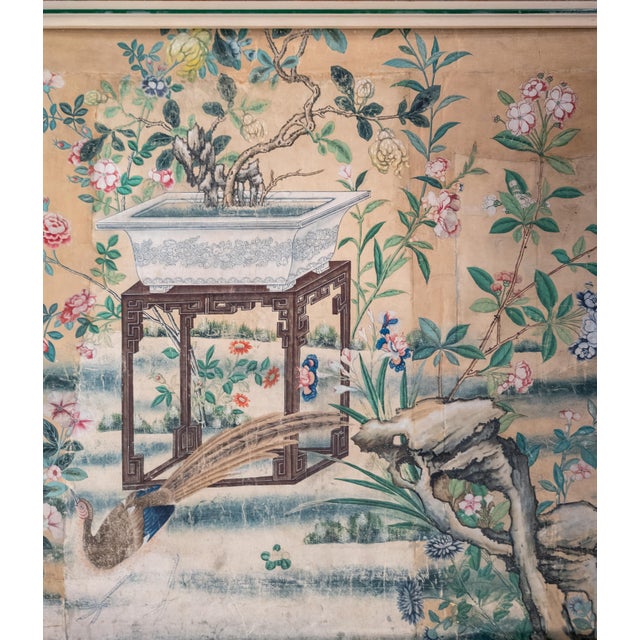 18th Century Chinese Watercolor Wallpaper Painting Bird of Paradise Floral Garden For Sale - Image 4 of 15