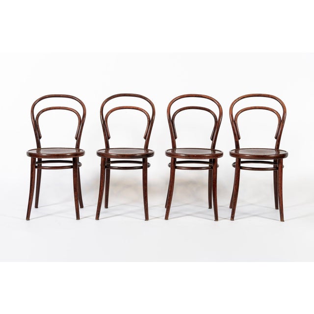This set of four vintage mid century bentwood No. 14 cafe bistro dining chairs were made in Czechoslovakia by Drevounia...
