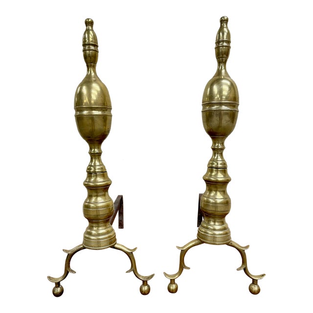 Vintage Brass Federal Style Fireplace Andirons Dog Irons Fire Dogs - Pair For Sale