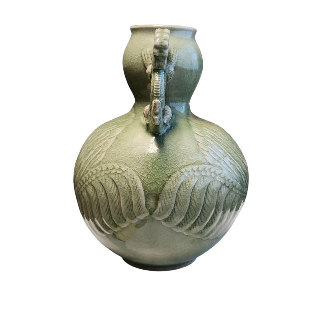 Stunning vintage Thai tall celadon double gourd vase, Yue kiln style, with twin dragon handles and carved phoenix to body,...