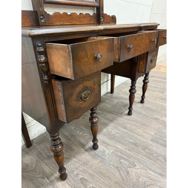 Antique Art Nouveau Walnut Vanity With Adjustable Mirror For Sale - Image 12 of 15