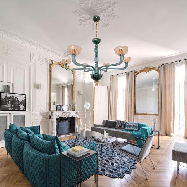 Mid-Century Modern 1980s Mid Century Modern Petrol Blue Murano Glass Chandelier For Sale - Image 3 of 11