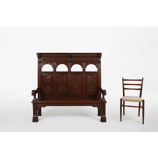 Mid-Century Modern Antique Gothic French Oak Carved High Back Panel Bench, 1700s For Sale - Image 3 of 16