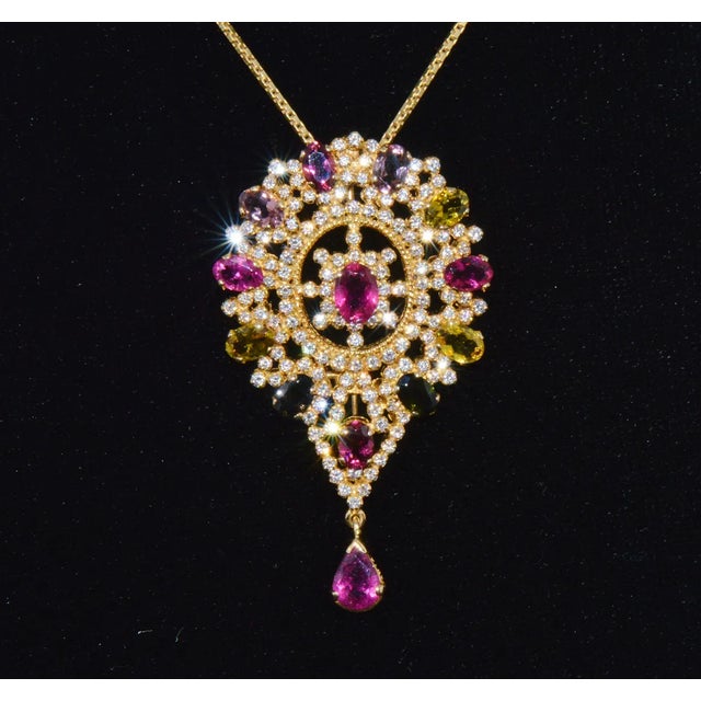 Early 21st Century Certified Natural 10.46Cts VS G Diamond Multi Tourmaline 18K Gold Pendant Brooch For Sale - Image 5 of 10