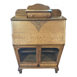 Mid 20th Century Oak Secretary Desk W/ 2 Glass Doors For Sale