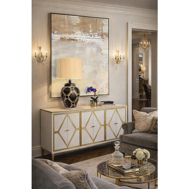 Offering a monumental Gucci inspired black, brown and chrome glazed ceramic table lamp with stylized brown faux leather...