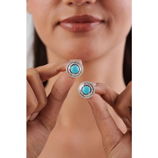 Turquoise 14k Gold 3.14ct Turquoise Cabochon & Diamond Double Halo Stud Earrings- A Pair For Sale - Image 8 of 15