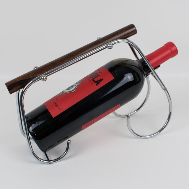 1940s 1940s Jacques Adnet Art Deco Chrome and Wood Bottle Holder Wine Pourer Server For Sale - Image 5 of 11