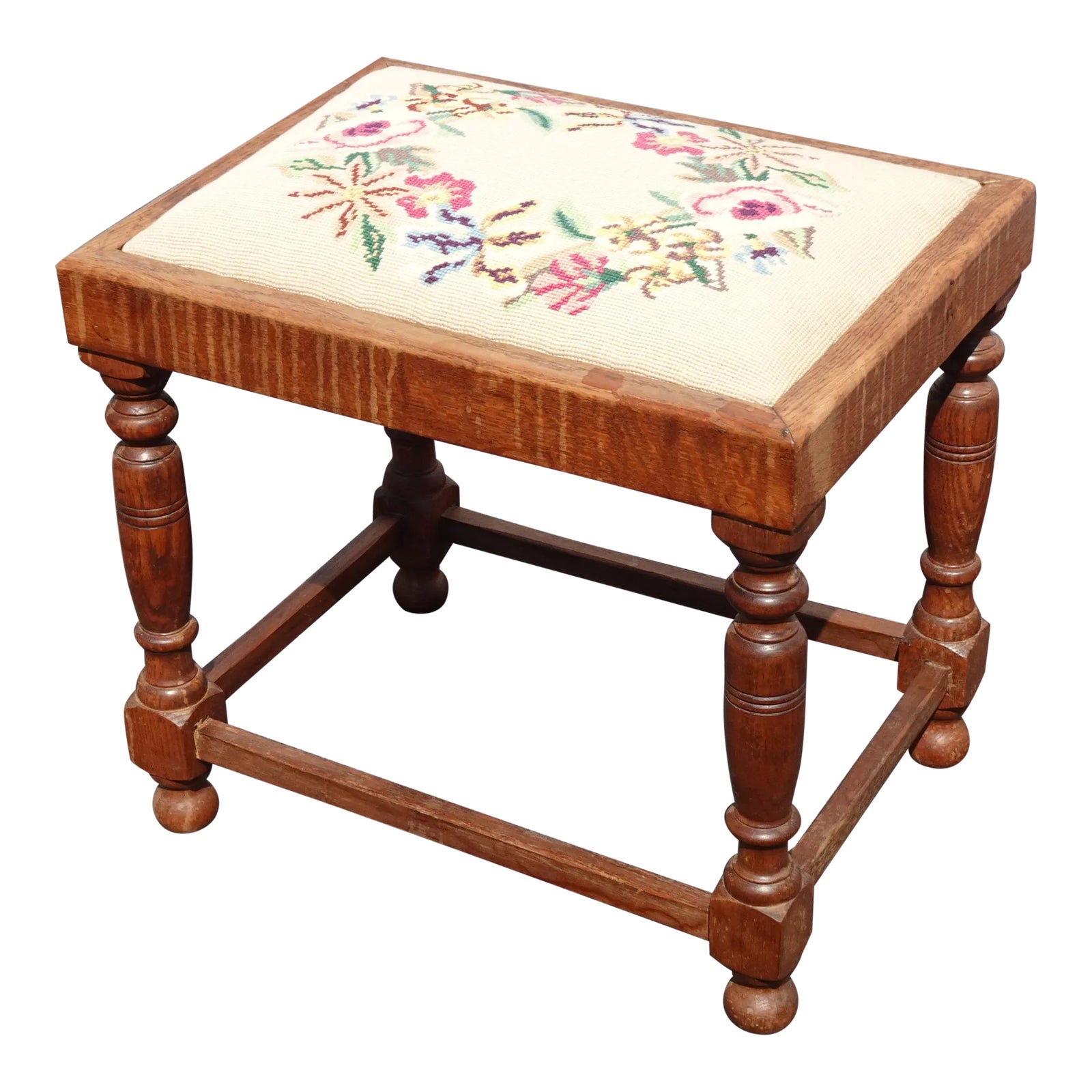 Vintage William & Mary Style Needlepoint White Floral Oak Bench Made in ...