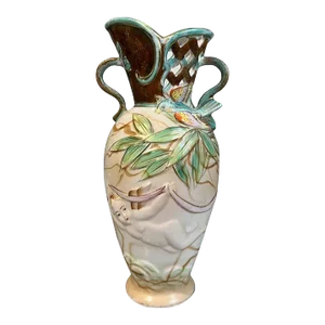 Mid 20th Century Art Nouveau Gilt Ceramic Vase With Flower and Cherub Motif - Japan