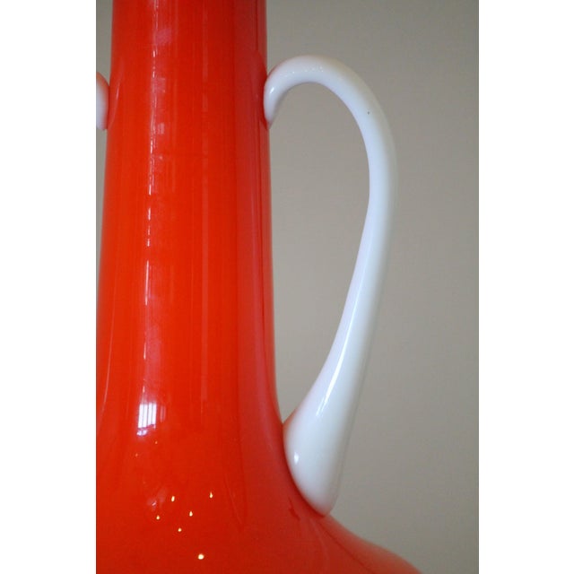 Stunning Vintage Empoli Cased Glass Vase, Applied White Glass Handles For Sale - Image 4 of 11