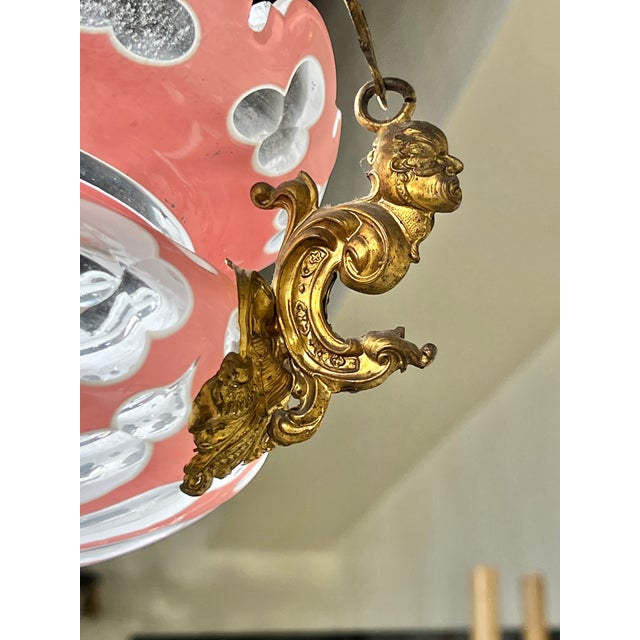Pink Antique Cased Pink Cut to White and Clear Glass and Bronze Chandelier For Sale - Image 8 of 12