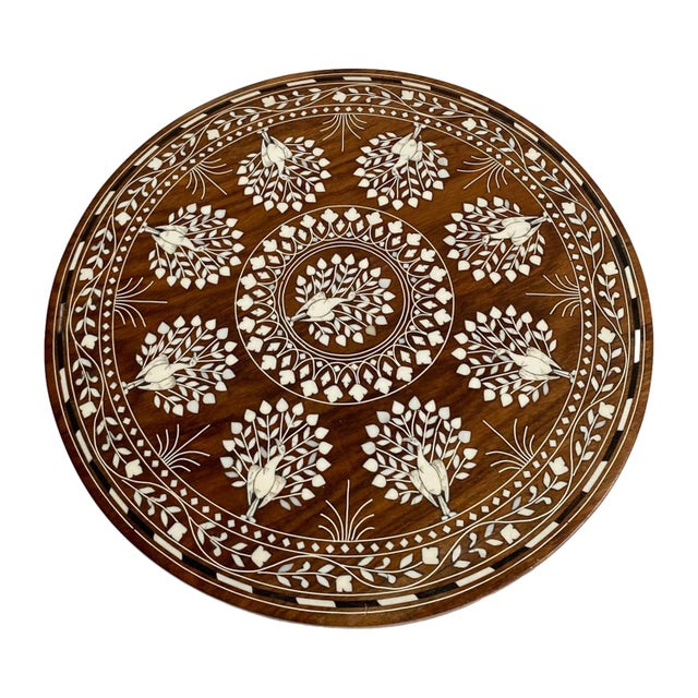 English 1960s Anglo-Indian Teak Carved Side Table – Elephant, Peacock & Bone Inlay | Small Accent Table or Plant For Sale - Image 3 of 7