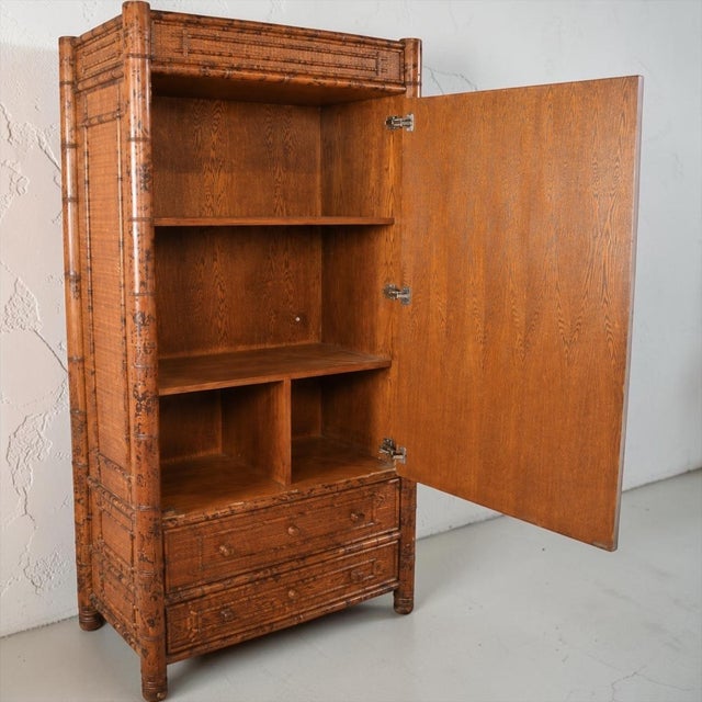 Traditional Italian Bloomingdale’s Victorian Aesthetic Movement Style Burnt Bamboo Cabinet Armoire Linen Press For Sale - Image 3 of 8
