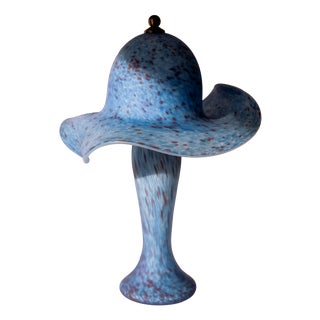 Pâte De Verre Mushroom Table Lamp in Blue-Speckled Glass, France, 1980s For Sale