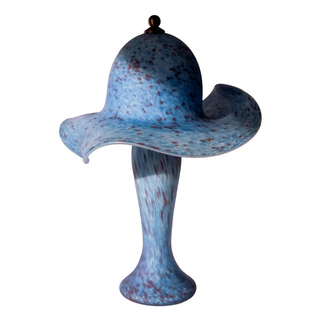 Pâte De Verre Mushroom Table Lamp in Blue-Speckled Glass, France, 1980s For Sale