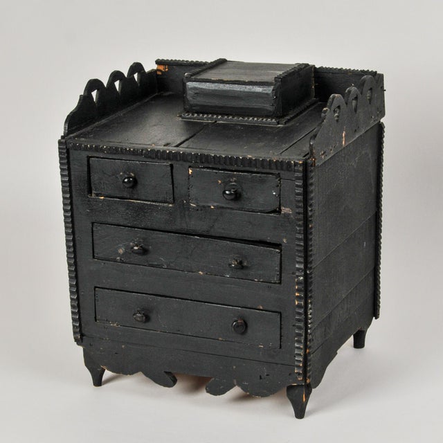 Folk Art Early 20th Century Primitive Folk Art Jewelry Box Tabletop Chest of Drawers Tramp Art Detail For Sale - Image 3 of 17