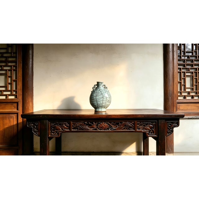 Chinese Ceramic Vase Guan Ware Crackle Glaze Celadon Double Ears Moonflask Vase For Sale - Image 9 of 9