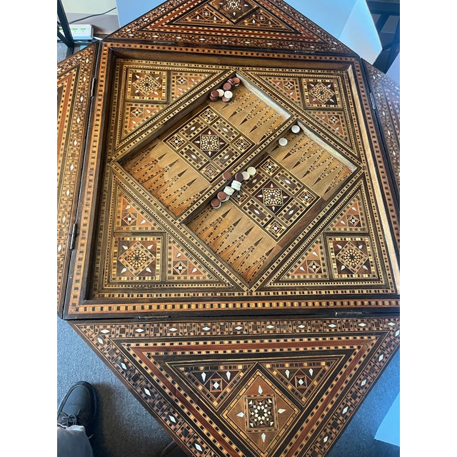 Early 20th Century Early 20th Century Hand Crafted Anglo-Indian or Inlaid Syrian Marquetry & Mother of Pearl Game Table Backgammon, Chess, Checkers For Sale - Image 5 of 14