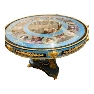 Grand French Empire Sky Blue Round Dining Table With Gold Leaf, Bronze Mounts & Glass-Protected Artistic Top For Sale