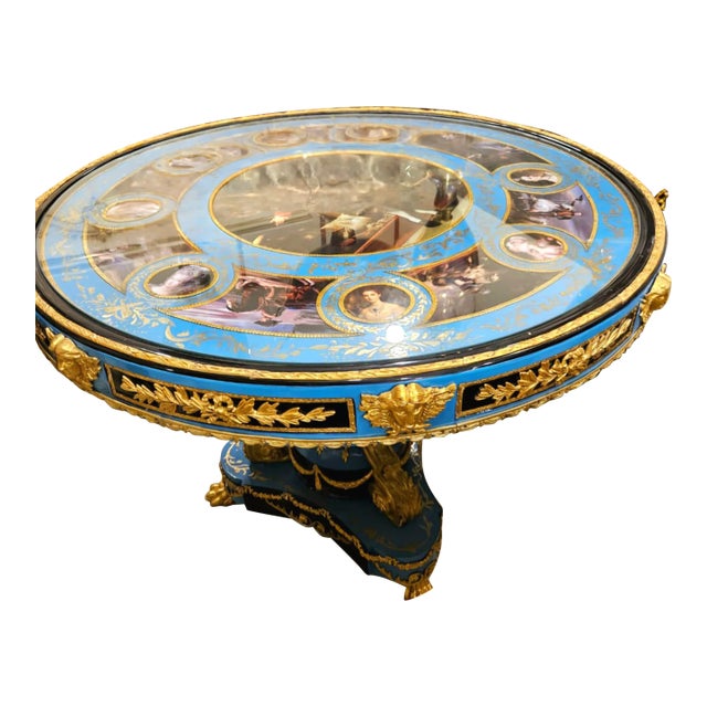 Grand French Empire Sky Blue Round Dining Table With Gold Leaf, Bronze Mounts & Glass-Protected Artistic Top For Sale