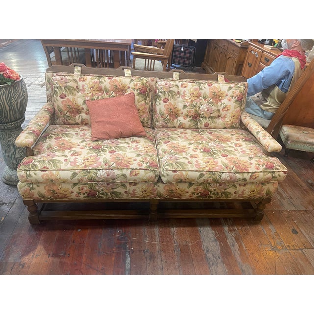 Vintage English Style Floral Upholstered Sofa With Carved Wood Frame For Sale - Image 4 of 11