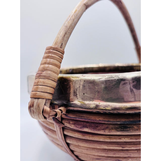 1970s Gabriella Crespi Style Coiled Rattan Bowl With Brass Trim For Sale - Image 5 of 7