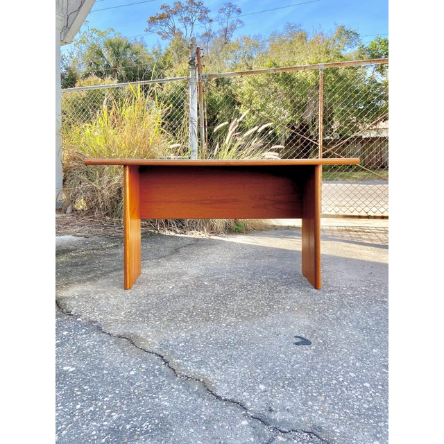 Mid 20th Century Danish Late Mid Century Fold-Open Teak Dining or Console Table With Hinged Tabletop and Legs | by Sannemann Denmark For Sale - Image 5 of 12