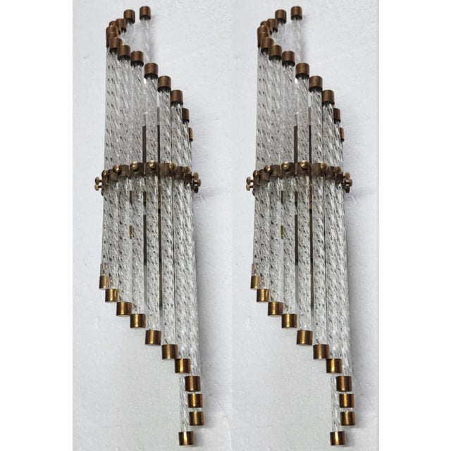 Pair Vintage Art Deco Skyscraper Wall Sconces Fixture in Brass & Ribbed Glass Rod Ship Light For Sale - Image 4 of 7