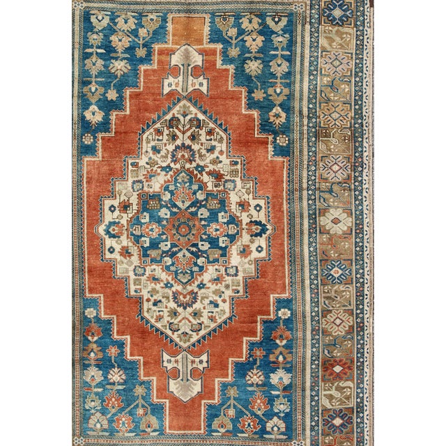 Vintage Turkish Oushak Rug in Blue, Terracotta, Light Brown and Camel 7'6 X 12 For Sale - Image 4 of 8
