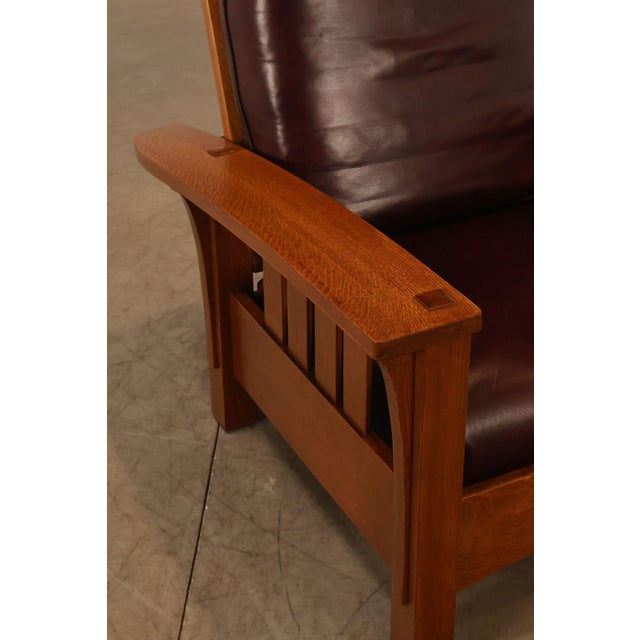 Brown Stickley Mission Collection Pair Of Oak & Leather Bow Arm Morris Chairs For Sale - Image 8 of 18