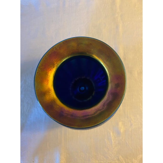 Lundberg Studios Iridescent Blue Ribbed Art Glass Vase For Sale - Image 4 of 5