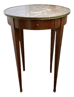 1940s French Rouge Marble Top Parquetry Inlaid Round Table