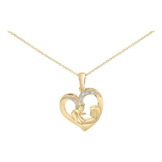 Gold Vermeil Diamond Accent Mom and Child Heart Pendant Necklace For Sale