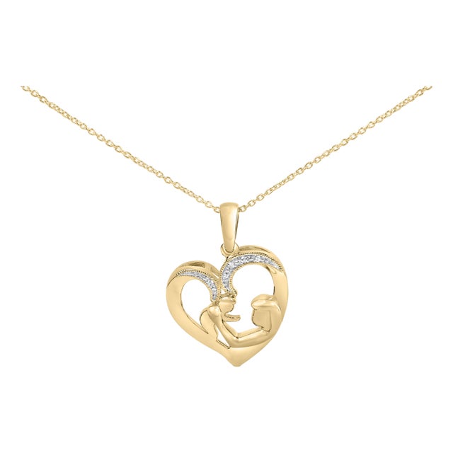 Gold Vermeil Diamond Accent Mom and Child Heart Pendant Necklace For Sale