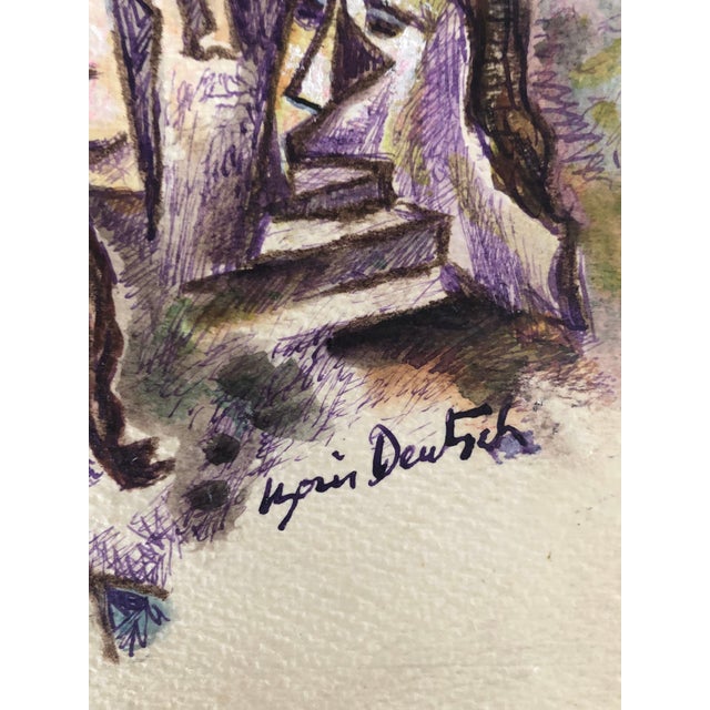 Modern Boris Deutsch, Abstract Houses and Faces Ink Drawing and Watercolor Painting Shtetl Judaica For Sale - Image 3 of 5