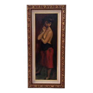 Woman in Red Skirt Vintage Oil Painting For Sale