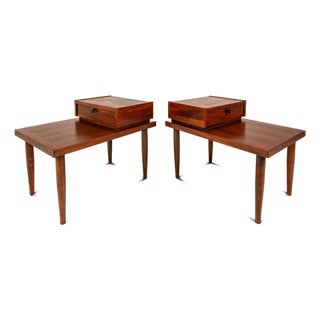 Set of Two (2) Mid-Century Modern "Step" End Tables in Walnut W/ Storage Drawers by American of Martinsville, Usa, C. 1960s For Sale