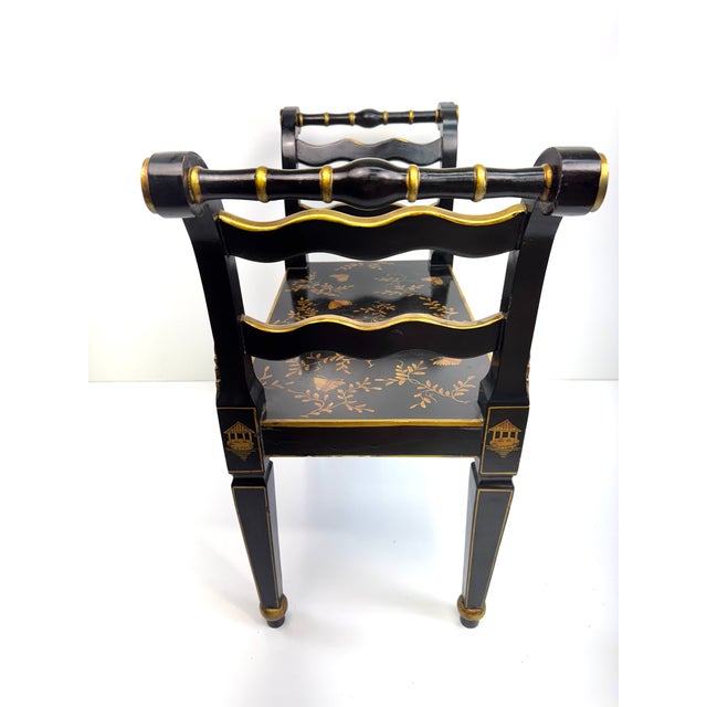 Vintage Chinoiserie Black Lacquer Accent Bench With Gilt Hand-Painted Motifs For Sale - Image 10 of 15