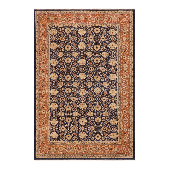 Shabby Chic Ziegler Blue Dull Orange Hand-Knotted Wool Rug - 9'3'' X 11'10'' For Sale