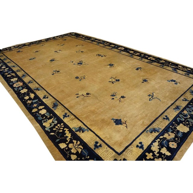 1920s Beige Floral Classic Antique Chinese Peking Carpet 8'10'' X 14' Knotted Wool Rug For Sale - Image 4 of 12