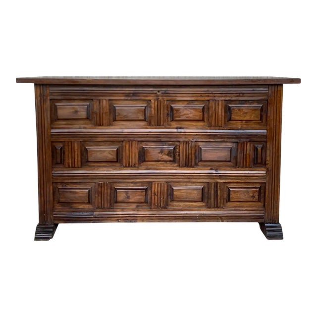 20th Spanish Blanket Chest With Raised Wooden Panels and Iron Hardware For Sale