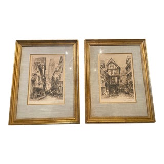Early 20th Century Charles Pinet Signed and Framed Etches - a Pair For Sale