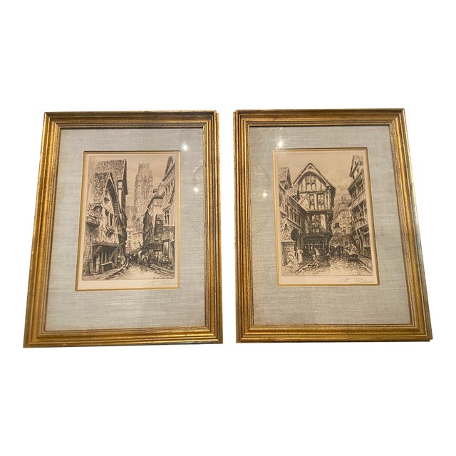 Early 20th Century Charles Pinet Signed and Framed Etches - a Pair For Sale