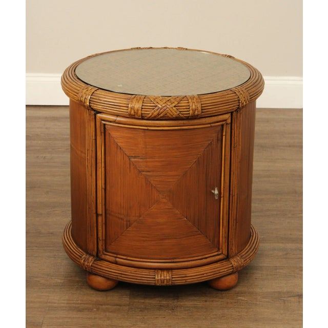 Round Storage Table With Glass Top, Basketweave Detail, Interior Shelf And Bun Feet.