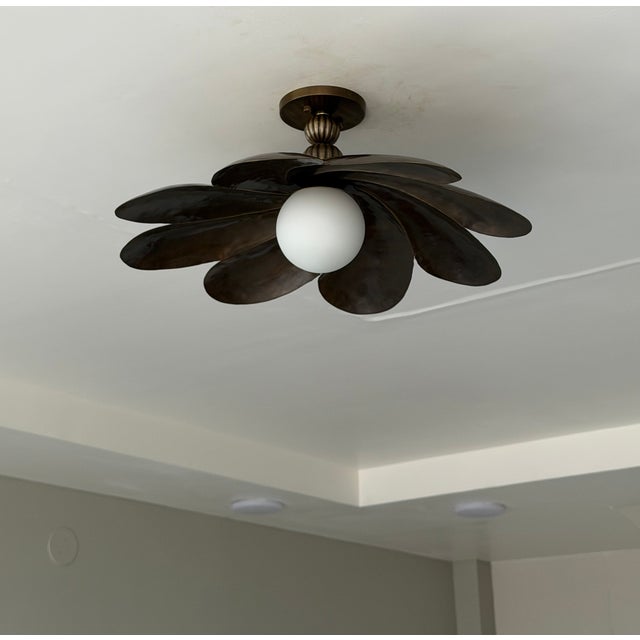 Black Antique Brass Semi Flush Mount Light Fixture, Handmade Flower Ceiling Light For Sale - Image 13 of 18