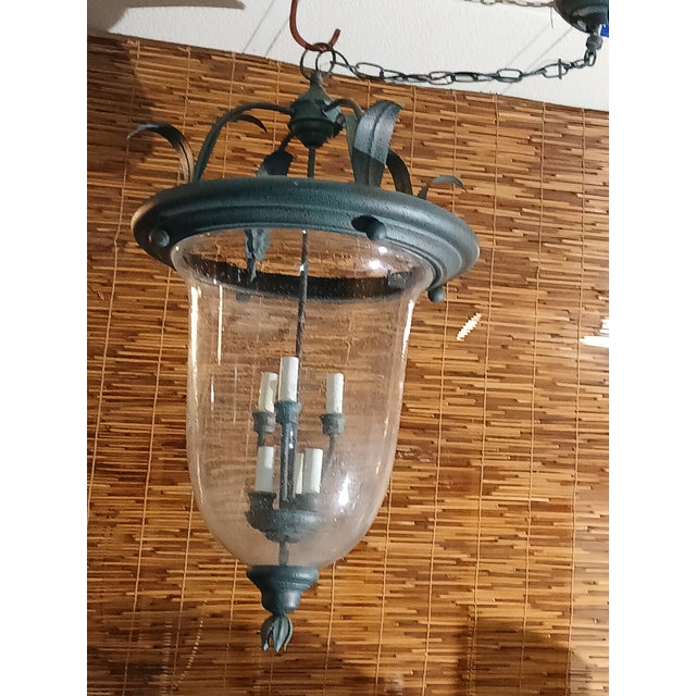 1990s 1990s Bell-Form Glass Tole Hanging Chandelier Light Fixture For Sale - Image 5 of 7