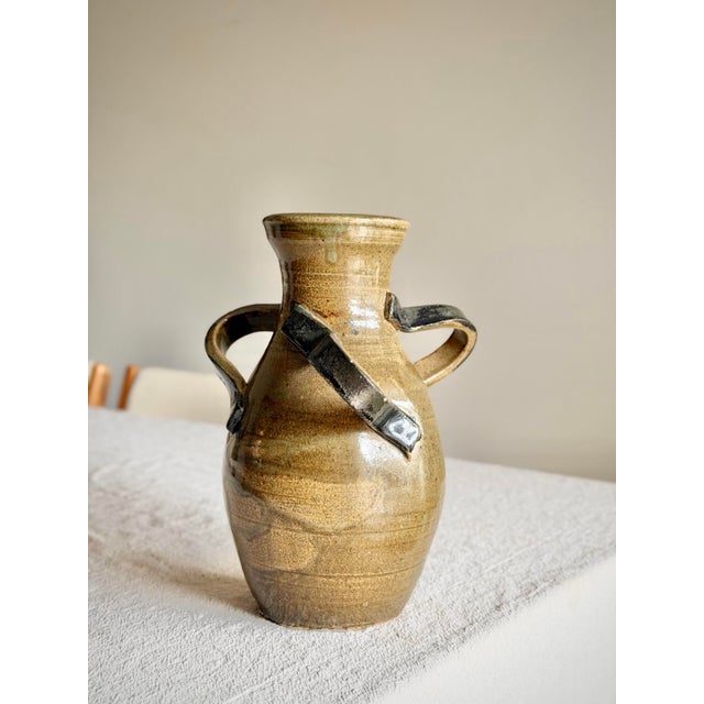 Three Handled Mid 20th Century Signed Studio Pottery Vessel With Sculptural Handles in Earth-Toned Glaze For Sale - Image 9 of 12