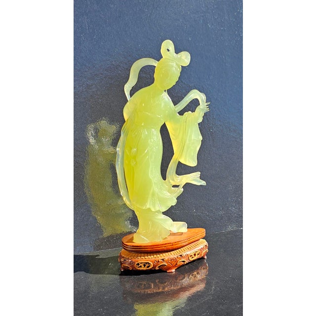 Amazing Chinese Apple Green Jade Carving Figurine of Young Woman w Wooden Stand Dimensions 10"H x 5"W x 3"D